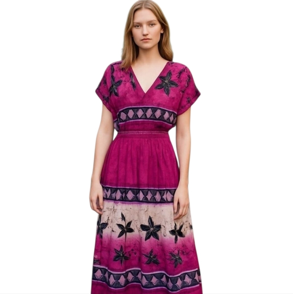 𝅺jessica Taylor Pink Floral Pullover V-Neck Back Smocked Waist Midi Dress Large